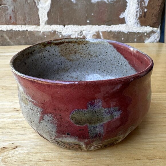 Empty Bowls‎ Art Pottery Bowl Red Beige Cross Motif Speckled 4.5" x 2.75" Signed - Picture 2 of 13